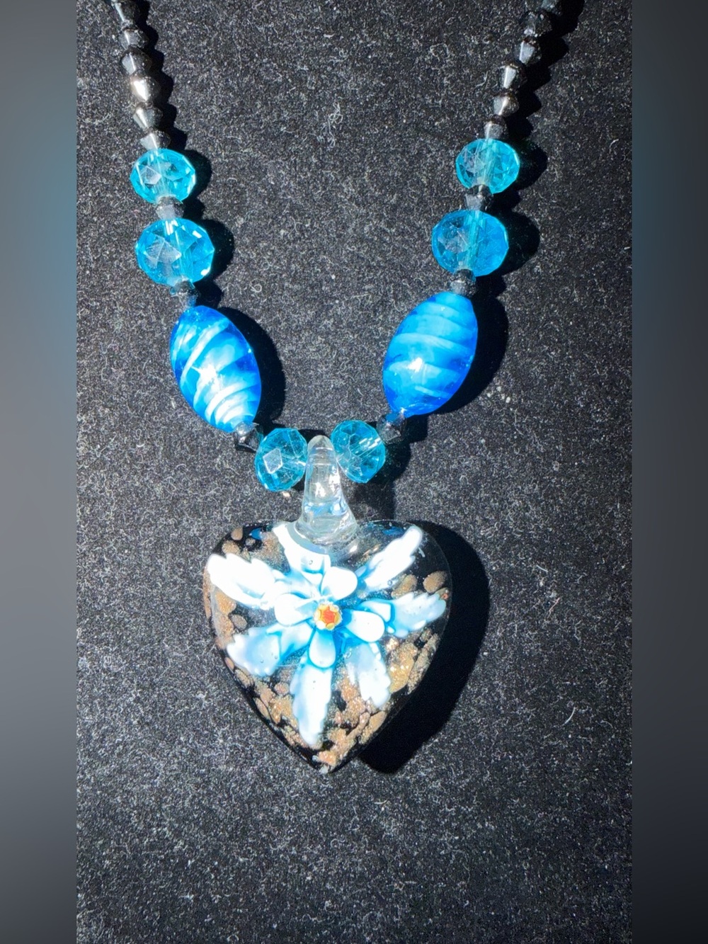 Blue Floral Heart Glass Pendant Necklace - Women Jewelry